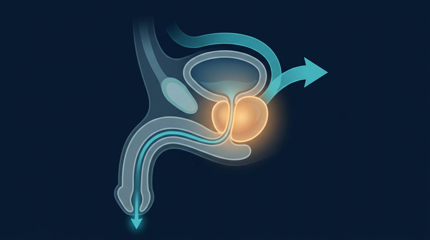 Diagram of an enlarged prostate pressing on the urethra and restricting urine flow from the bladder in men over 50