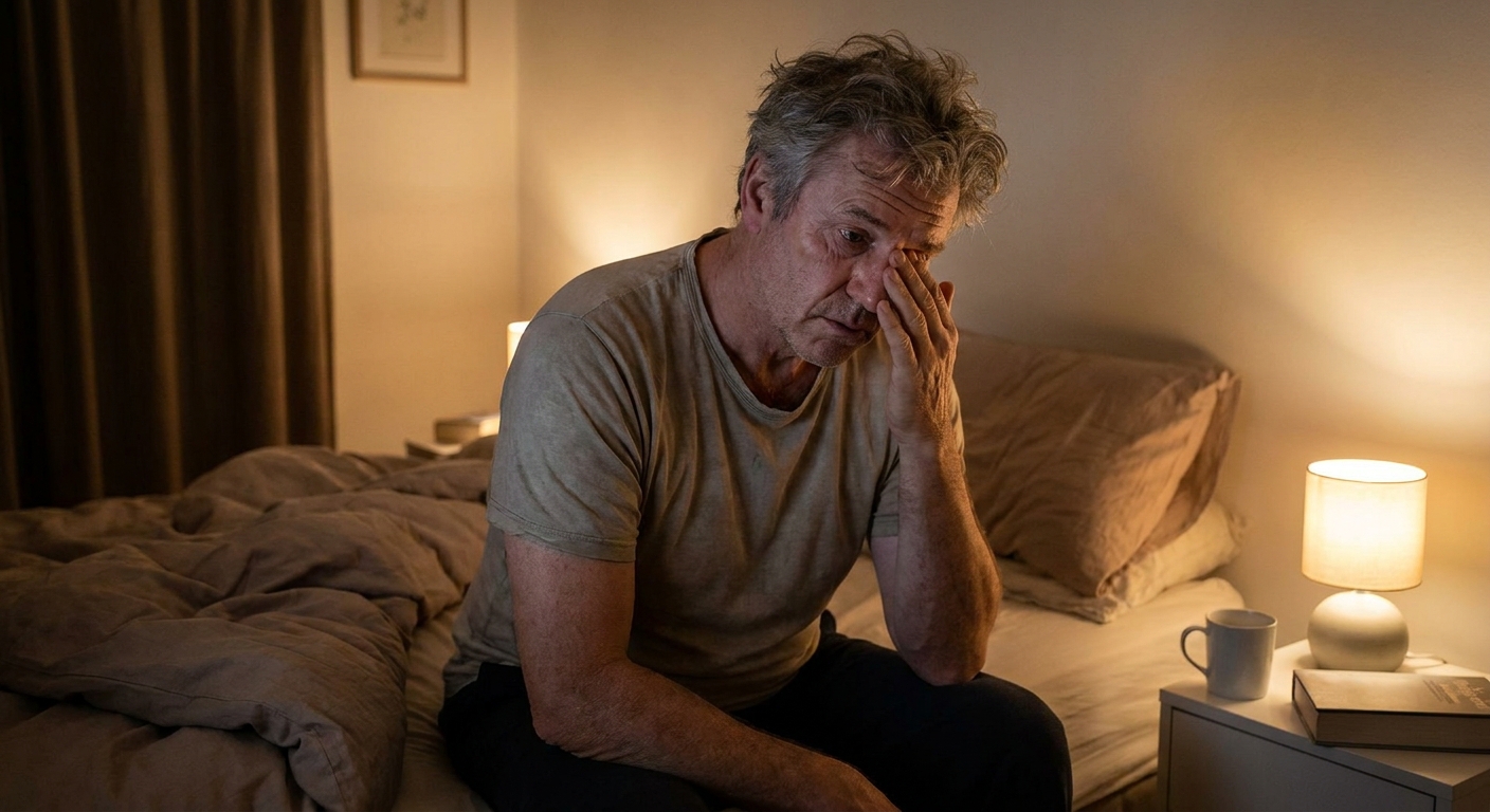 Tired man over 50 sitting on the edge of the bed at night, losing sleep from frequent nighttime urination
